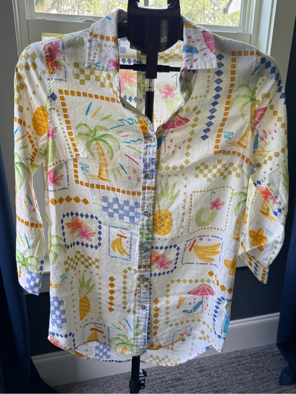 Calypso St. Barth Tropical Patchwork Linen Blend Buttondown Shirt Small EUC
